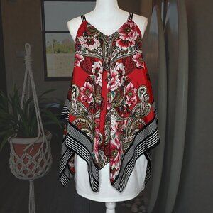 Women's 1X Tank Top Red Floral Paisley Handkerchief Hem Cami Boho Resort Unique